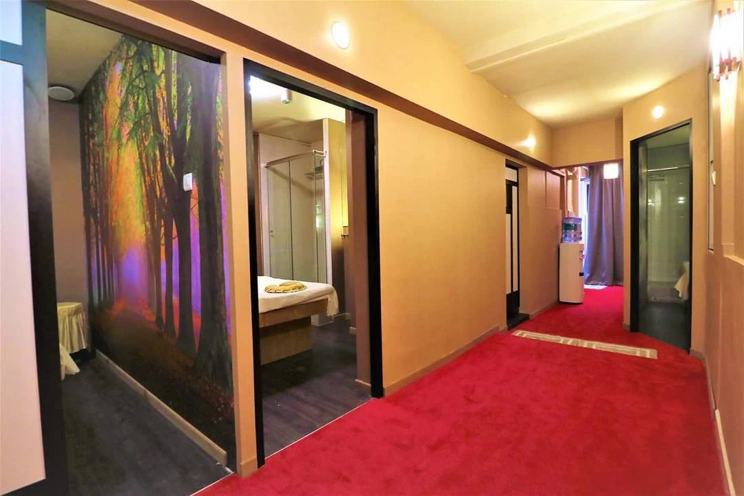 Spa hallway with forest mural and treatment rooms